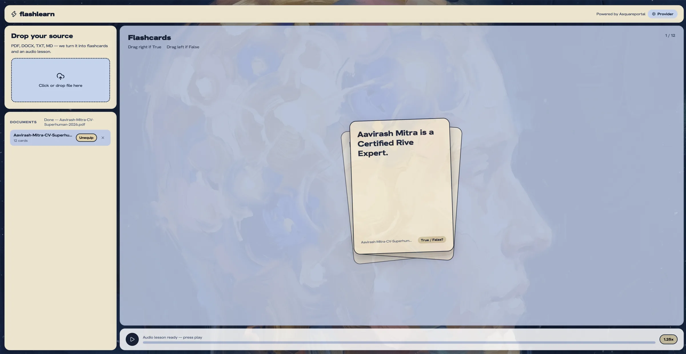 FlashLearn with a document loaded and the first card showing