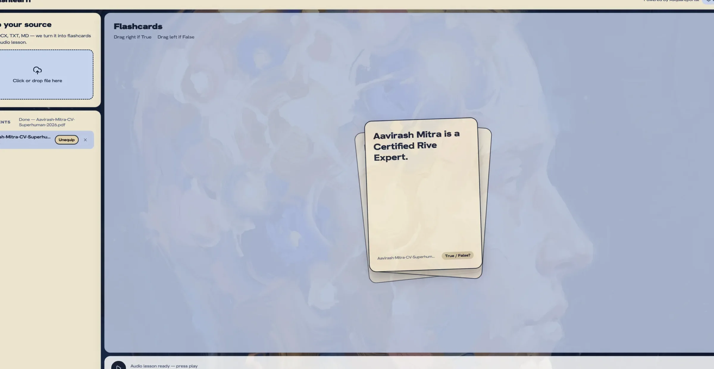 FlashLearn · Documents into flashcards and audio lessons