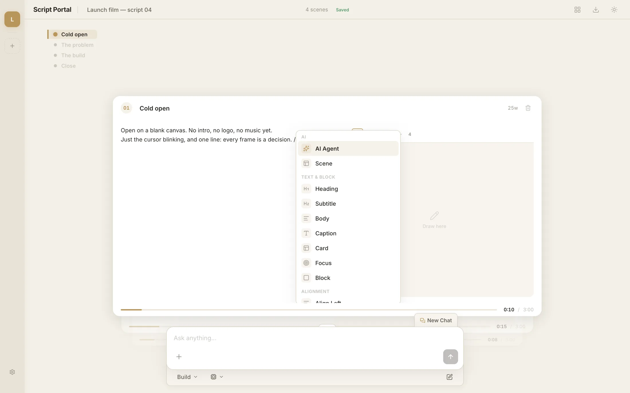 The ScriptPortal slash command menu open in a scene